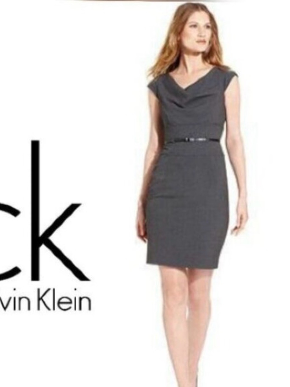 NWT Calvin Klein Classic Gray Belted Cowl Neck Sheath Dress 4